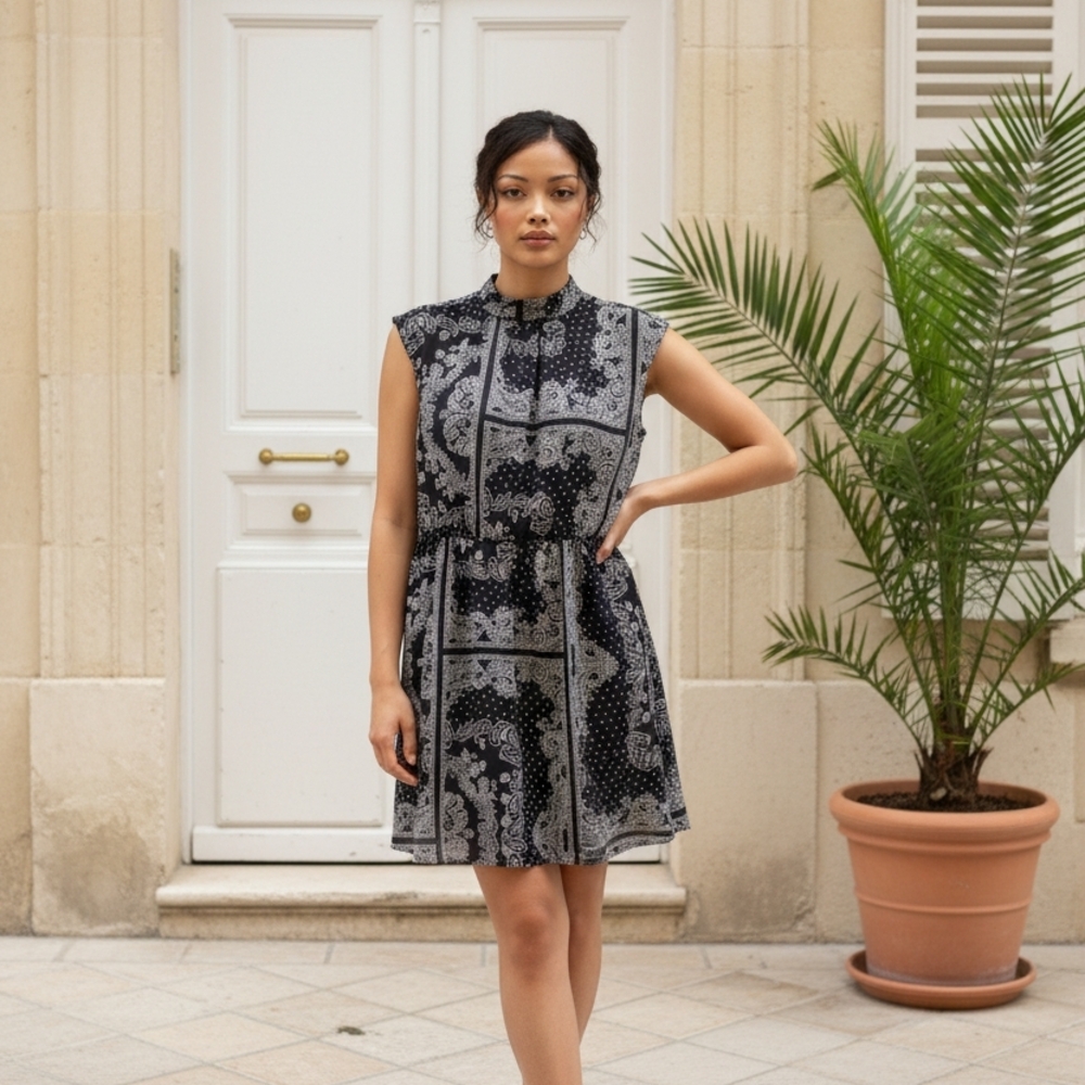 Ann Taylor Paisley Black and White Mini Dress Size L